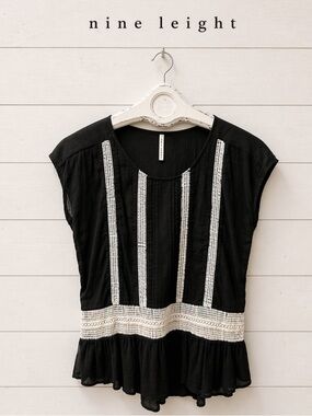 Nine 1 Eight Black Peplum Top with Crochet Trim – Size S